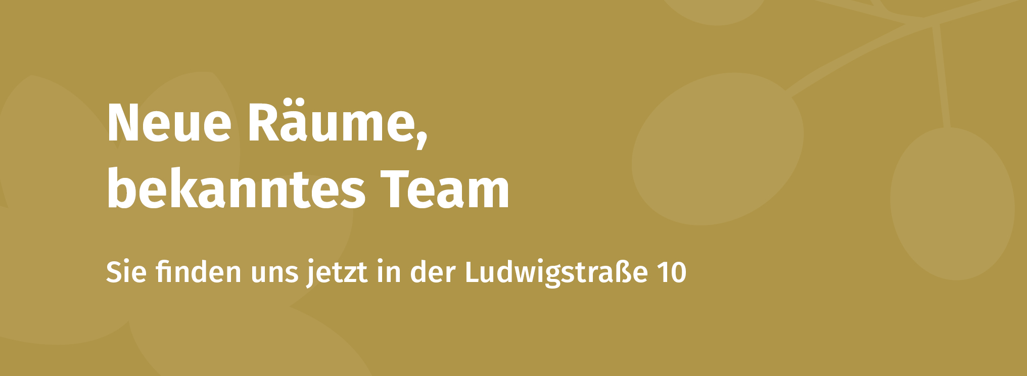 Text auf Gold: „Neue Räume, bekanntes Team“ Sie finden uns jetzt in der Ludwigstraße 10